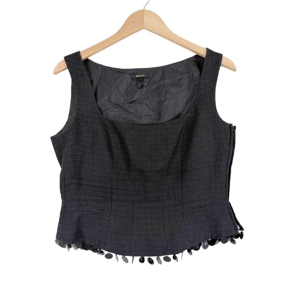 Escada Wool Blend Top Women M Black Tweed Sleeveless Disc Hem Side Zip